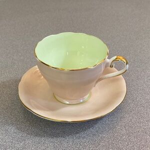 Vintage Gold-Trimmed Blush Punk and Light Green Tea Cup Set
